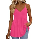 Cocila Damen Sexy Spaghetti Top Y2K Sommerliche Damen-Tops, V-Ausschnitt, Einfarbig, Lässige Tanktops, Ärmellose Damen-Tanktops Volant Bluse (Hot Pink, L) Weiß Sommer Tank Tops Rot S