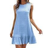 Kleider Damen Sommer Midikleid Einfarbig Sommerkleider Damen Leicht und Luftig Ärmellos Strandkleid Rundhals Kurze Freizeitkleid Blumenkleider Damen Musselin Kleid Damen Rüschenkleid(BU1,XXL)