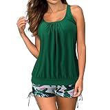 Bademode Damen 3 Teilig für Frauen, 2-teilige Badeanzüge, Oberteile mit Boyshorts, locker sitzende Badebekleidung Tankini Top Tankini Top Damen Einzeln Muttertag 1-1-Grün S