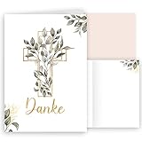 10 Danksagungskarten mit Umschlag Danke Klappkarten Karten stilvoll kreuz Aquarell zart zur Taufe Kommunion Konfirmation Firmung Trauer Blätter grün Gold zum selbst g