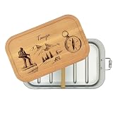 Thiger Brotdose zum Wandern - Edelstahl mit Fächern und Holzdeckel - Personalisiertes Geschenk - Lunchbox für Wanderer - Edelstahl Trinkflasche (1100 ml + 1 Trennwand)
