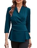 GRACE KARIN Damen Elegant Tops 3/4 Ärmel V-Ausschnitt Oberteil Einfarbig Slim Fit Business Top Tunika Bluse mit dekorativer Gürtel Blau Grün 2XL