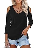 Florboom 3/4 Langarm Cut Out Shirt Damen Langes Tshirts V Ausschnitt Oberteil, Schwarz S
