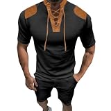Trainingsanzug für Herren, 2-teilig, lässig, Sportanzüge für Sommer, komplett mit Revers, Kurzarm, Fitnessanzug, T-Shirt + Shorts mit Tasche, T-Shirt, Hose, zweiteiliges Set, Schwarz , M
