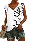 NARRAME T Shirt Damen mit Flügelärmel V Ausschnitt Top Damen Sommer Bluse Oberteile Leicht Lässig Blumenmuster Weiß Buchstaben Klein S 34-36
