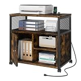 Shintenchi Seitliche Aktenschränke aus Holz, Büro-Aktenschränke mit Steckdose und USB-Ladeanschluss, moderner rollender Druckerständer mit Stauraum für A4, Briefformen und Aktenordner, rustik