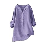 SCBFDI Bügelfreie Blusen Outdoor Kleidung Damen Blusen Damen Große Größen Sommer Damenmode Große Größen Tunika Weiss Leinenhemd Damen Oversize Blusen Damen Sommer Halbarm Leinenbluse Lila 3XL