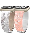 Wearlizer 2 Packs Floral Gravierte Armbänder Kompatibel mit Fitbit Versa 4/Versa 3 /Sense 2/Sense Damen, Zweifarbig Blume Silikon Sportarmband, Weiß/Milchtee & Rose/Weiß