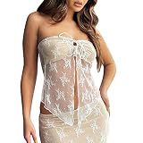 Briskorry Damen Y2k Tube Top Trägerlos Spitze Crop Tops Mesh Patchwork Oberteil Asymmetrisch Teenager Mädchen Ästhetische Streetwear Sexy Slim Fit Clubwear Party Club
