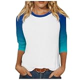T-Shirt Damen Print Damen-Top mit 3/4-Ärmeln, Sommer, lässig, vielseitig einsetzbar, Raglan-Shirt, Rundhalsausschnitt, Farbverlauf, bedruckt, Freizeit-Shirt-Top Damen Basic Kurzarm Crop Top (Blue, XL)