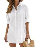 Jyanl Badeanzug für Damen, Strand-Shirt, lässig, V-Ausschnitt, Button-Down-Shirt, Bikini, Bademode, Weiss/opulenter Garten, Larg