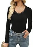 Crewhpo Langarmshirt Slim Fit Damen Langarm Top mit Spitze Oberteile V-Ausschnitt T-Shirts Basic für Frauen Einfarbiges Elegant Shirt Tshirts Schw