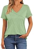 NAIOSS Damen Tshirt Kurzarm V-Ausschnitt Oberteile Sommer Elegant Baumwolle Shirts Casual Tops Bluse(Hellgrün/M)