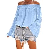 Damen Oberteile Kolylong Frauen Elegant Trägerlos Lange Ärmel Blusen Festlich Schulterfrei Oberteile Vintage Einfarbig Sweatshirt mit Trompetenärmeln Off Shoulder Langarmshirt Tunika Top