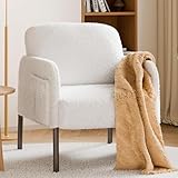 Mondeer Sessel, Einzel Loungesofa mit Seitentasche mit Metallbeinen Gemütlicher Kunstlammfell Stoff Modern, für Wohnzimmer Schlafzimmer Arbeitszimmer, 63 x 75 x 75 cm, Weiß