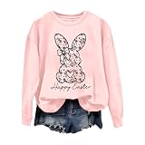 Happy Ostern Sweatshirt für Damen Langarm Niedlich Kaninchen Grafik Tops lässig Weihnachtshemd Caual, #04 - pink, M