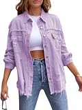 Cjydfd Damen-Jeansjacke mit Zerrissen, übergroße Ärmel, Knopfleiste, ausgefranster Saum, Used-Look, Boyfriend-Jeansmantel mit Taschen, A-purple, L