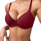 Generisch Dünner, einfarbiger, bequemer, atmungsaktiver Push-Up-BH für Damen mit Bügel, dreireihiger BH (Red, 70C)