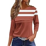 Shirt Halbarm Damen,Zasfou Damen Frühling Langarm Shirt Damen Shirtsmit Rundhalsausschnitt 3/4 Ärmel Casual Lässige Gestreift Streifen Langarmshirt Oberteile （Safran，M）
