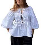 WangsCanis Damen Mode Oberteil mit Schößchen Vorne zum Binden Y2K Hemd Puffärmel Schnürung Schleife Rüschensaum Babydoll Krawatte Blusen (Weiß, M)