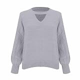 Langärmeliger Damen-Pullover, Übergröße, gestrickt, lässig, langärmelig, Choker-Ausschnitt, Herbstpullover, Übergröße, schulterfrei, Strick-Top, einfarbig, gestricktes Oberteil mit V-Ausschnitt, grau,