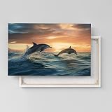 Delfine im Sonnenuntergang Poster, Leinwandbild oder Bild mit Rahmen, 50x70 cm, Leinwandb