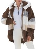 1 centFrauenmantel Damen, Fleece Mantel Plüschjacke Warme Kapuzenjacke Reißverschluss mit Kapuze Plüschmantel Winter Verdicken Patchwork und Einfarbige Flauschige Teddyjack