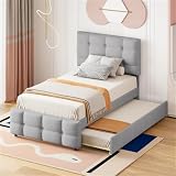 Polsterbett 90x200 cm Mit Ausziehbares Kinderbett Verstellbares Kopfteil Flaches Einzelbett Hautfreundliche Leinenpolsterung Jugendbett Gästebett Für Schlafzimmer G