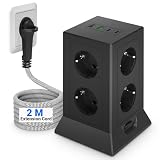 Steckdosenturm mit USB C,8Fach Mehrfachsteckdose mit Schalter,Steckdosenleiste Überspannungsschutz Flachstecker mit 2M Kabel für Büro und Heim, Mehrfachstecker Steckdosenadapter, Schw
