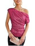 Damen Kurzarm One-Shoulder Funkelnde Pailletten Bluse Mode Glitter Shirt für Abend Party Club Nacht (Rosenrot,L)