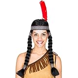 dressforfun Perücke mit zwei geflochtenen Zöpfen | schwarz + Haarband mit Federn | Indianerin Squaw Fasching