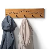 WOODS Garderobe aus Eichenholz mit Berg Motiv | handgefertigt in Bayern | Garderobenleiste Holz | Hakenleiste Wandgarderobe Flur & Bad (schwarze Haken, 85cm (7 Haken))