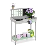 Relaxdays Pflanztisch mit Wanne, 2 Ebenen, Gartenarbeitstisch mit Schublade, Holz, HBT: 121 x 92 x 42,5 cm, grau/grü