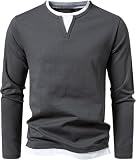 Langarm Henley Herren Henley-Shirts 2 in 1 Pullover V-Ausschnitt, lässig Muskel Workout Herren Hemd, leicht solide Basic-T-Shirt, Sweatshirt im Zwei-in-Eins-Design (Grau,L)