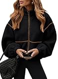 Fleecejacke für Damen, Sherpa, übergroß, mit Reißverschluss, Winterjacken, lässiger Revers, durchgehender Reißverschluss, Fleece-Jacke 2025, Herbstmode, Schwarz , L