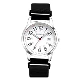 OIDEA Damen Armbanduhr aus Nylon 12/24H: Stilvoll Schwarz Armband Analog Quarz mit Gold Großer Arabischer Zifferblatt Uhr Datum im 24-Stunden-Format Geschenk für Frauen F