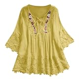 Blusen in Übergröße für Damen, Baumwolle, Leinen, elegant, Damen-Top, Bluse, Spitze, V-Ausschnitt, Blumenstickerei, Hemden, lässig, Sommer, Herbst, 3/4-Ärmel, Top, Business, Büro, lockere Tunik