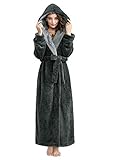 PUTUO Luxury Mikrofaser Bademantel für Damen mit Kapuze, Damen Morgenmantel Flauschig Lang Saunamantel Damen Winter Bademantel, Grau, L