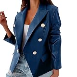 Yowablo Jacke Damen Herbst und Winter Langarm Zweireiher Mode Pu Lederjacke Kleine Jacke (S,11Blau)