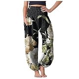Haremshose Damen Baumwolle Yoga - Yogahose Damen Lang High Waist Blumemuster Sommerhose Grosse Grössen Pluderhose Stoffhose Freizeithose Locker Atmungsaktiv Sweatpants Jogginghose Stoffhose Pump