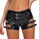 FYMNSI Leder Shorts für Damen Kurz Lederoptik Glanz PU Hose Push Up Kunstleder Hotpants Sexy Hohe Taille Mini Shorts Elastisch Kurze Hose Fasching Rave Tanz Nachtclub Karneval Gogo Clubwear Schwarz M
