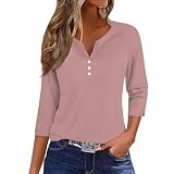 CGGMVCG Oberteil mit 3/4-Ärmeln für Damen, modisch, lässig, einfarbig, geknöpft, Dreiviertelärmel, Damen-Shirt, rose, XXL