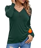 Crewhpo Langarmshirt Damen mit V-Ausschnitt Oberteile Spitze Einfarbiges Basic Top Stretch Longsleeve Langarm Lockere Unterziehshirt Casual Thermounterwäsche Eleg