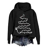 Damen-Teddy-Kapuzenpullover mit Wasserfallkragen, Weihnachtsleuchten, Aufdruck 'Merry and Print', Rundhalsausschnitt, Pullover, Langarm-Shirts, trendige, lustige Kleidung, übergroßer Pullover, Schw
