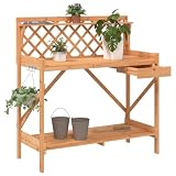 Garden Pflanztisch mit Rankgitter, Outdoor Blumentisch Gärtnertisch wetterfest Holzpflanztisch mit Abstellböden & Schublade, 110 x 50 x 117 cm Braun Massivholz T