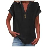 XIANUOJI Leinenbluse Damen Elegante Kurzarm Baumwolle Leinen Tshirt Leinenshirt Oversized Lässiges Musselin Oberteile Button Down Hemdbluse Tunika Top Sommer (Schwarz, XL)