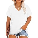 Damen Shirts V-Ausschnitt Einfarbig Oberteile Große Größen Sommer T-Shirt Casual Lose Tops Elegant Oversized Kurzarm Freizeit Lockere Shirt Lassig M