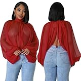 CAMDOM Cropped-Chiffon-Top mit Fledermausärmeln und Schnürung hinten, rot, X-Larg
