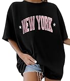 Lonya Damen T Shirt Rundhals Oversize Basic Shirt Baumwolle T-Shirt Einfarbig Kurzarm Top Sommer Oberteile Tee Shirts Breite Schulter, Schwarz+New York, M