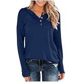 TURWXGSO Langärmeliges T-Shirt für Damen, locker, lässig, Frühling, Pullover, Hemden, V-Ausschnitt, Tunika, Tops mit Knopf, schlichtes Stretch-T-Shirt, Oberteil, Bodybluse, Tee-Layering, 03 Navy, 36
